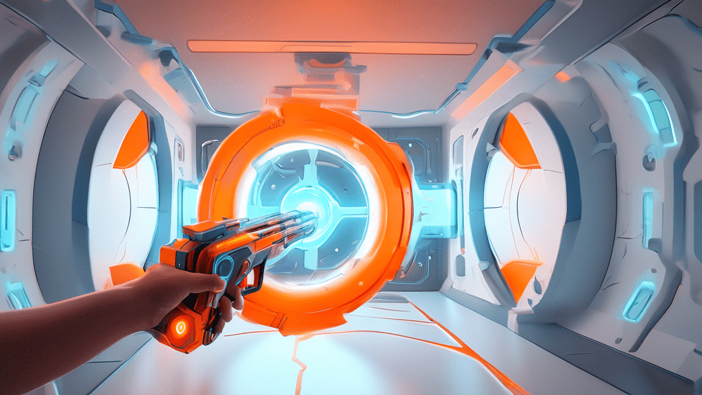 DALL-E prompt: A first-person view of a person's hands holding a futuristic portal gun, shooting a glowing orange portal onto a white wall in a sterile, sci-fi test chamber environment with puzzle ele
