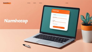 Create an image of a user-friendly computer screen showing the Namecheap.com login page. The screen should clearly display fields for Username and Password, along with a large, inviting login button.