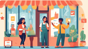 Create an illustration depicting a small business owner happily interacting with satisfied customers. The scene should include a storefront with a visible sign reading Google Business Profile and a sm