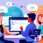 Create an illustration showing a friendly support team assisting a user with email services, featuring SendGrid branding on a computer screen. Include speech bubbles with common support topics like 'E