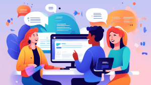 Create an illustration showing a friendly support team assisting a user with email services, featuring SendGrid branding on a computer screen. Include speech bubbles with common support topics like 'E