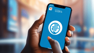 DALL-E prompt: A close-up view of a person's hand holding a smartphone, with the AT&T and Citi logos displayed on the phone's screen, suggesting a user logging into their AT&T Universal Citi Card acco