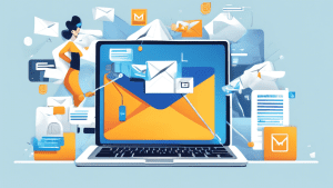 Prompt: A digital illustration showing a person securely logging into their Mailgun account on a laptop, with the Mailgun logo prominently displayed and email-related icons floating around the screen,