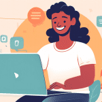 Prompt: A digital illustration showing a person easily setting up a Zoom account on their laptop, with a smiling face on the screen and simple step-by-step instructions floating around them, all on a