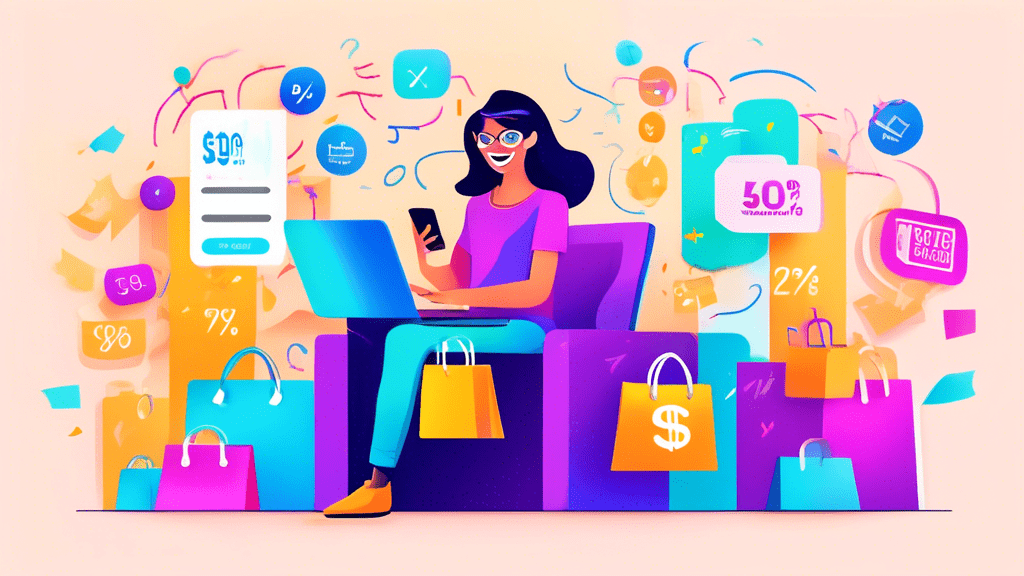 Create a vibrant and engaging digital illustration depicting a person using a laptop or smartphone, surrounded by coupon codes, discount tags, and shopping bags. The person should look excited and hap