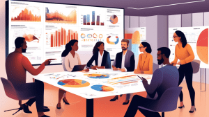 Create a detailed digital illustration of a business meeting in a modern office setting. In the foreground, a diverse group of professionals, both men and women of varying ages and ethnicities, are ga