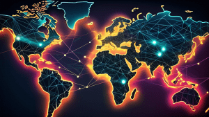 A glowing network of lines and dots connecting cities across a map of the world, with trucks, ships, and planes traveling along the lines, illuminated by a warm light.