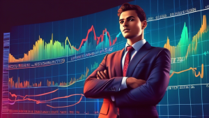 A young man with a confident expression, wearing a suit, stands in front of a large screen displaying a rising stock chart and the words The Entrepreneur.