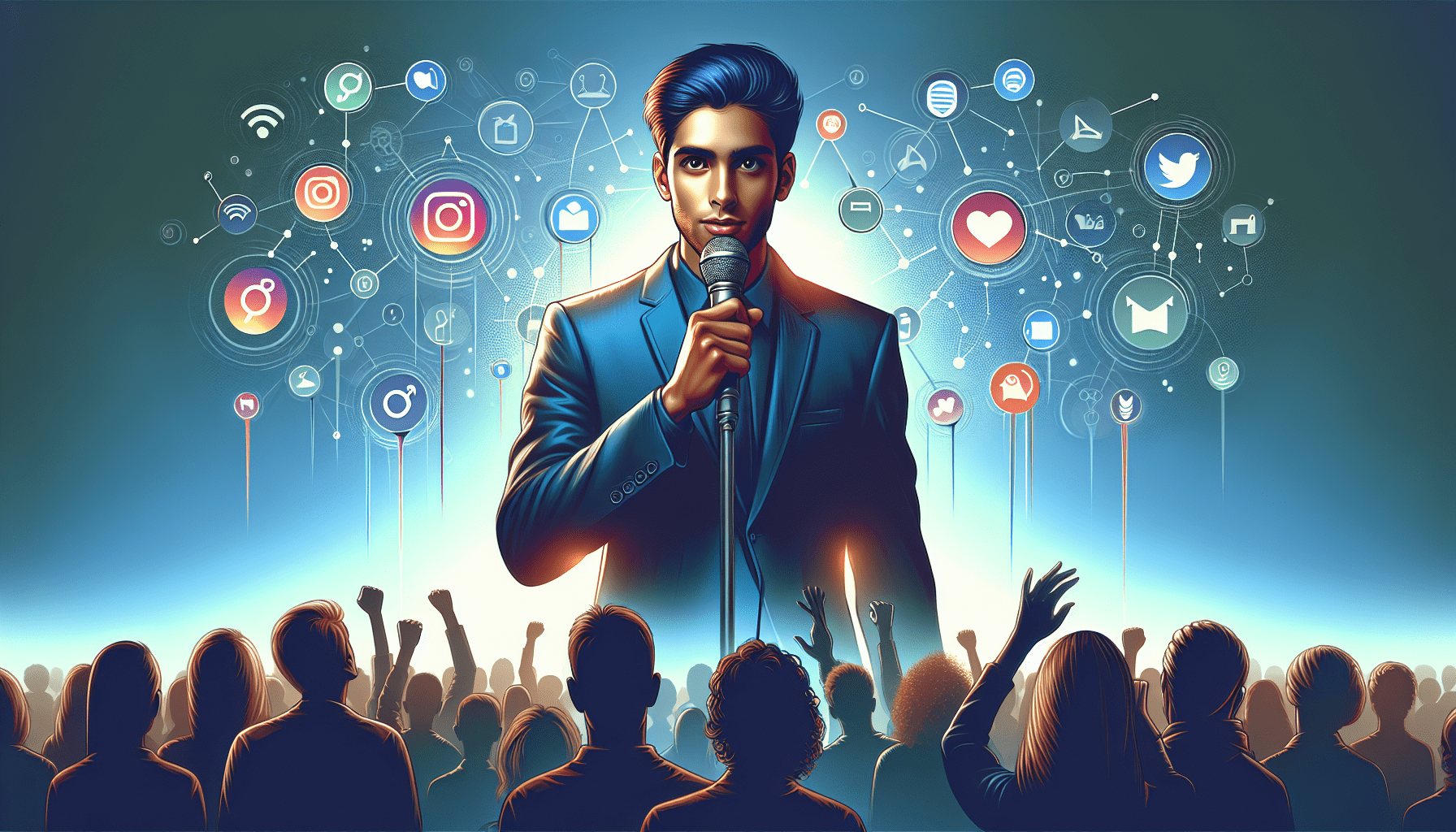 A young charismatic man giving an inspirational speech to a large audience, holding a microphone, with social media icons floating around him.