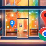 A storefront window with a Google Maps pin embedded in the glass and the Google My Business logo glowing inside the store.