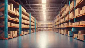 A photorealistic image of a warehouse with perfectly organized shelves, labels, and robots efficiently managing inventory.