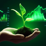 A hand holding a glowing green sprout, with stock market charts subtly projected onto the sprout's leaves.