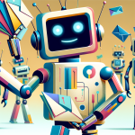 A friendly robot holding a stack of invitations with other robots in the background excitedly looking at him.