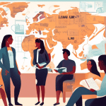 Create an illustration of a diverse group of students in a virtual classroom setting, engaging in a discussion about international law. The room features global maps and legal text. Some students are
