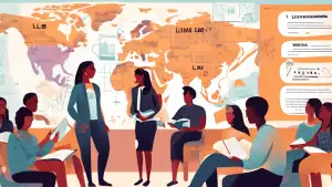 Create an illustration of a diverse group of students in a virtual classroom setting, engaging in a discussion about international law. The room features global maps and legal text. Some students are