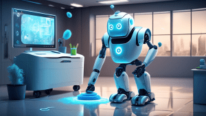 Create an illustration of a futuristic janitor robot with a friendly and intelligent appearance, cleaning an advanced office environment. The robot should be holding a mop programmed with artificial i