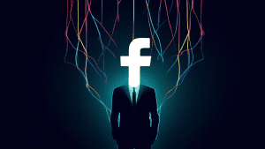 DALL-E prompt: An enigmatic silhouette of a man in a suit standing behind a translucent Facebook logo, with strings attached to his hands manipulating the logo, set against a dark, shadowy background.