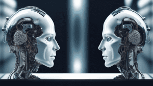 A robotic brain gazing into a mirror, questioning its own reflection.
