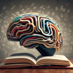 A brain made of swirling code learning from a stack of books.
