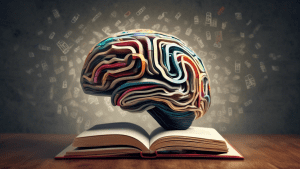 A brain made of swirling code learning from a stack of books.