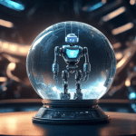 A crystal ball filled with swirling code predicting future events, with a futuristic robot peering into it.