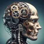 A robot holding a magnifying glass up to a human brain filled with gears and wires, with a question mark hovering above.