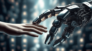 A robot hand reaching out to touch a human hand, both surrounded by swirling binary code.