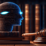 A gavel made of binary code resting on a stack of legal books with a glowing AI eye peering over the top.