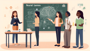 Create an image depicting a friendly, classroom-like setting where a diverse group of people is engaged in learning about Large Language Models (LLMs). On the chalkboard or whiteboard, show simplified