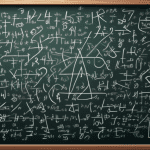 A large language model made of mathematical symbols and equations trying to solve a complex problem on a chalkboard.