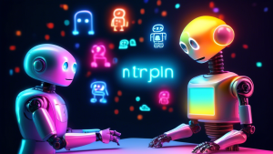 A friendly robot explaining natural language processing concepts to a human with colorful, glowing words and symbols floating around them.