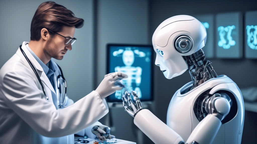 A robot doctor using a large language model to diagnose a patient.