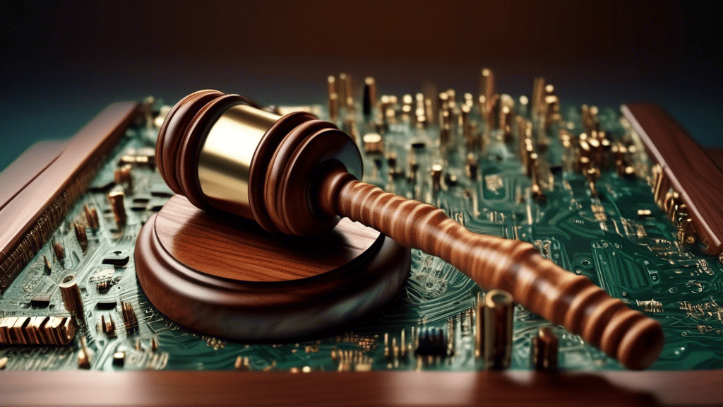 A gavel with its wooden handle transforming into a futuristic digital circuit board, set against a backdrop of scrolling legal code.