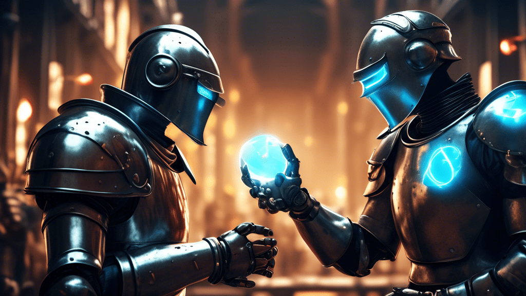A medieval knight (RNN) facing a futuristic robot knight (LLM) in a battle of words, with glowing speech bubbles emerging from their helmets.