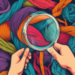 A hand holding a magnifying glass over a tangled ball of yarn with labels sticking out from different threads.