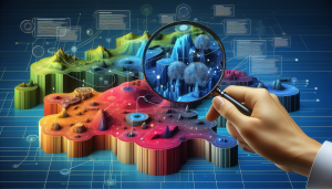 A hand holding a magnifying glass over a digital landscape with floating labels connected to different areas.