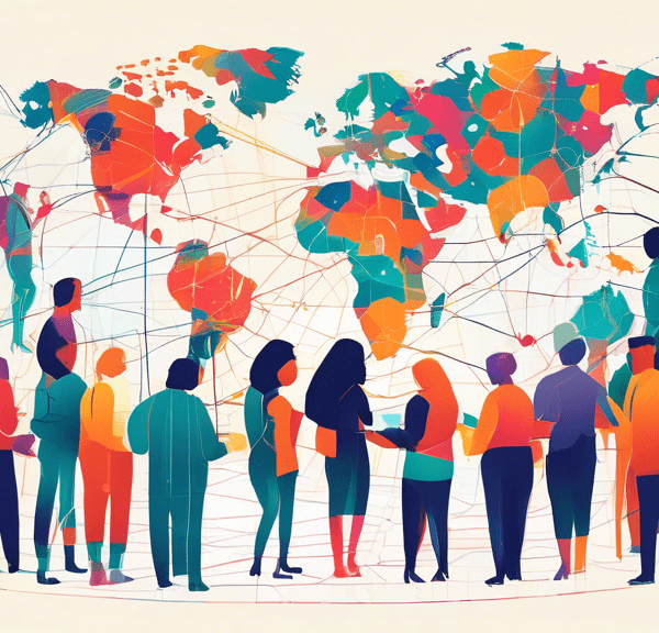A group of diverse people collaborating on a project together from different locations around the world, connected by a network of lines and dots, with each person's location pinpointed on a world map