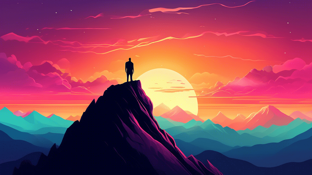 A lone figure standing triumphantly on a mountain peak, overlooking a vast landscape of other mountains, with a glowing sunrise in the distance.