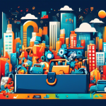 A toolbox overflowing with Google icons and symbols bursting out against a backdrop of a bustling city skyline.