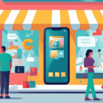 A business owner using a giant smartphone to edit their Google Business Profile, with happy customers walking into their shop in the background.