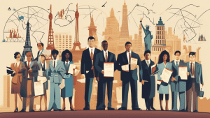 Create an image depicting a diverse group of international lawyers, each holding a diploma labeled LLM Degree, while standing in front of iconic global landmarks such as the Eiffel Tower, the Statue o