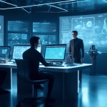 A team of data scientists using a futuristic AI-powered computer system for advanced data analysis, with holographic graphs, charts, and complex algorithms displayed around them. The scene is set in a