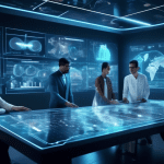 Create an image of a futuristic control room with holographic displays showing AI-driven data analysis. In the foreground, a diverse team of data scientists interacts with a large language model (LLM)