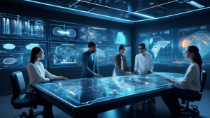 Create an image of a futuristic control room with holographic displays showing AI-driven data analysis. In the foreground, a diverse team of data scientists interacts with a large language model (LLM)