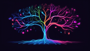 A tree with multiple branching paths, each leading to a different social media icon, all glowing with neon light against a dark background.