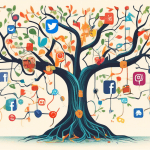 A tangled tree root system with a Linktree sign pointing down one branch, while many other healthier branches point towards diverse icons representing social media platforms and websites.