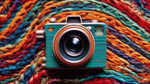A close-up of a colorful woven tapestry with threads forming the shape of a video camera.