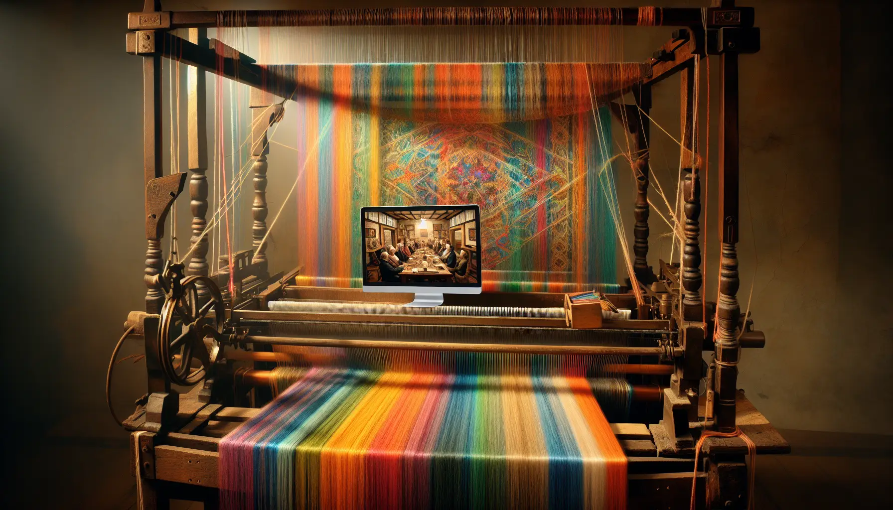 A photorealistic still life of a vintage loom with colorful threads weaving a computer monitor displaying a video conference call.