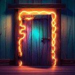 A glowing chain link floats in front of a wooden door emanating magical light.