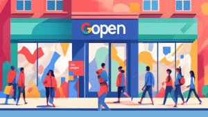 A storefront with a giant Google Maps pin on top and people walking in and out, with a large banner saying Open to the Public in Google's signature colors.
